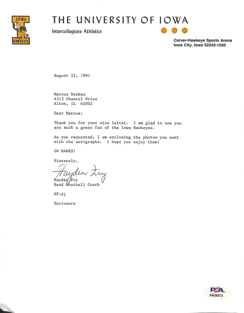 Hayden Fry Football Coach Signed TLS Letter University of Iowa PSA/ DNA 185265 (1 of 2)