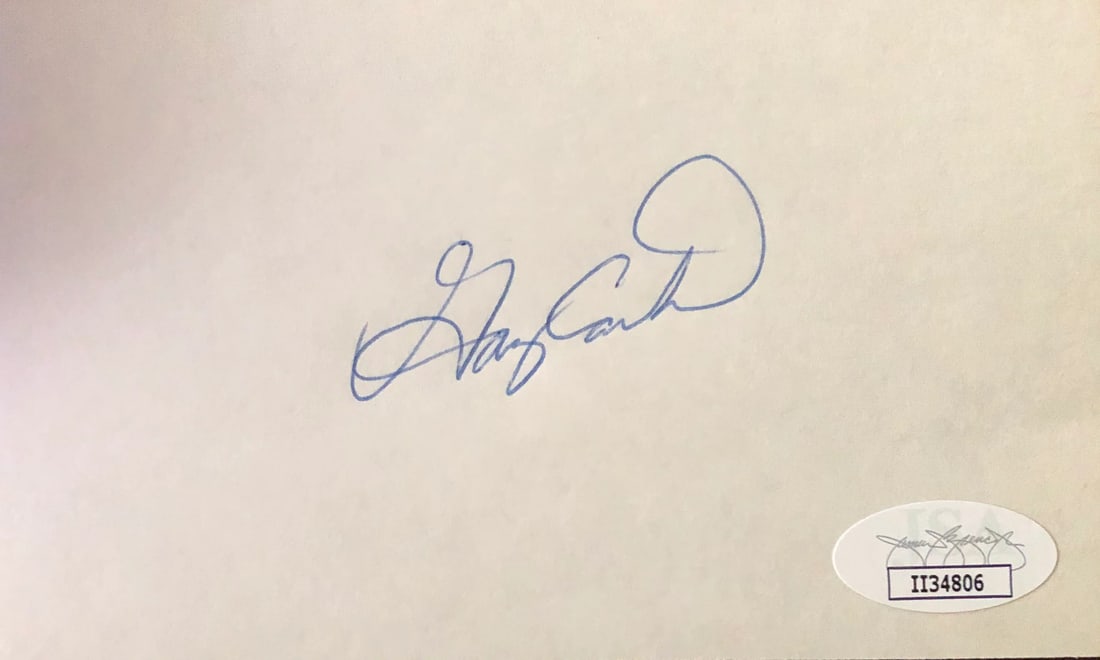 Carter Gary Autographed 3x5 Index Card: Carter Gary Autographed 3x5 Index Card Gary Carter's signature in blue pen adorns the front of this 3x5 index card, bearing the authentication stamp of James Spence Authentication. The card comes with