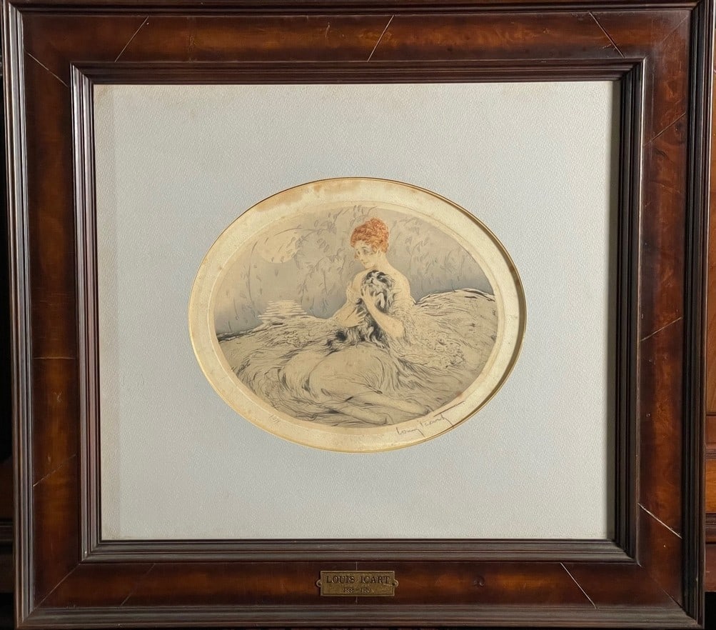 Louis Icart Woman and Dog in Moonlight 1922 Etching Hand Colored Signed Framed: Louis Icart Woman and Dog in Moonlight 1922 Etching Hand Colored Signed Framed Item Specifics: Artist: LOUIS ICART Unit Of Sale: Single Piece Signed: Yes Period: Art Deco (1920-1940) Material: Paper F