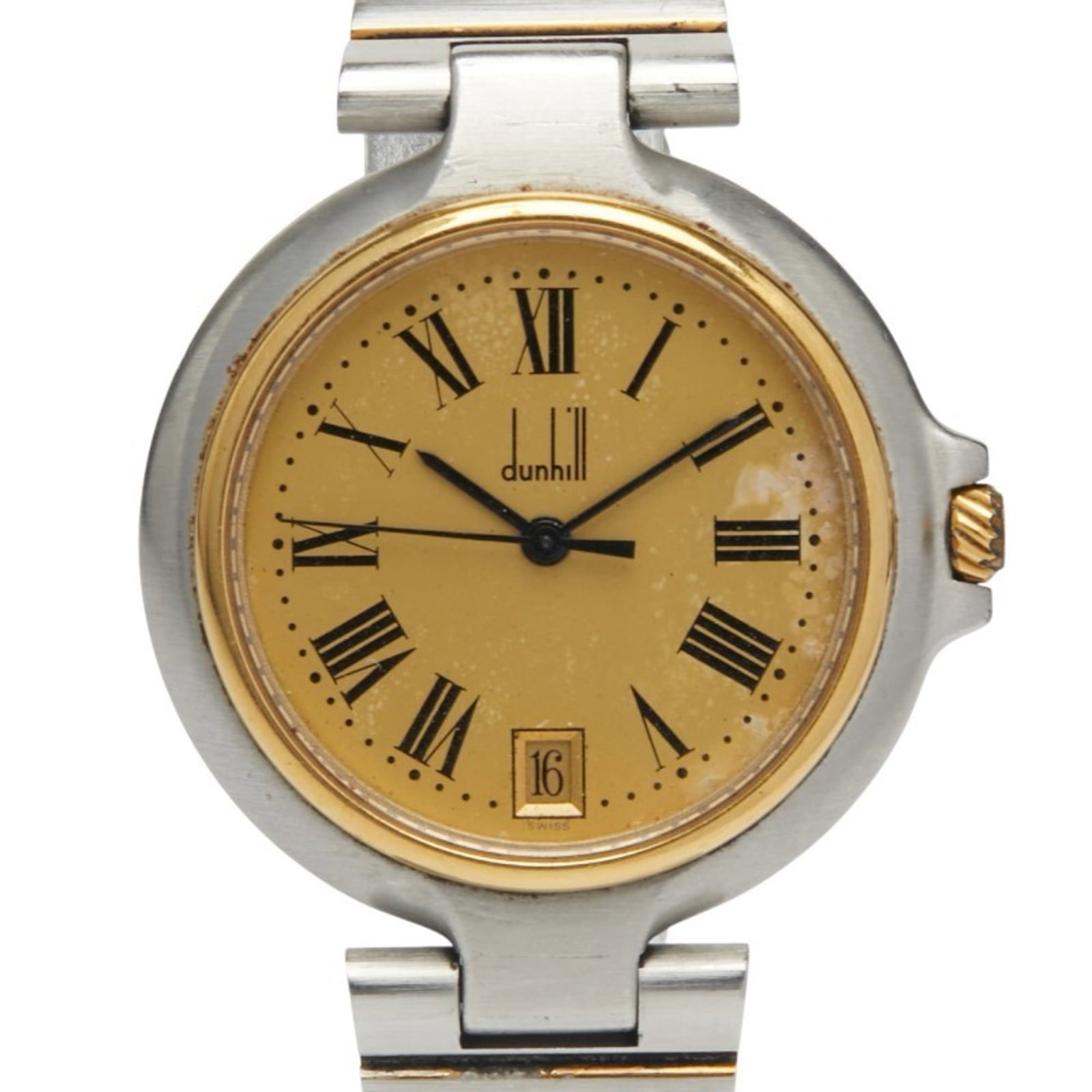 Dunhill Wristwatch: Dunhill Wristwatch Stainless steel case and band, gold dial, and a classic design make this Dunhill wristwatch a timeless accessory. With its 31.9mm diameter and 6.7mm thickness, it's designed to fit