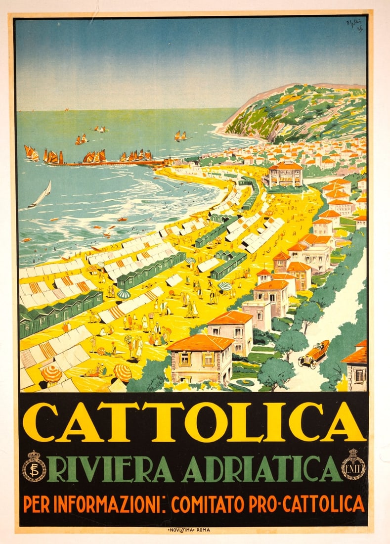 Italian Riviera Poster Original Apollini Livio Cattolica 1926: Italian Riviera Poster Original Apollini Livio Cattolica 1926 Original Apollini Livio Cattolica Riviera Adriatica Poster, created in 1926 by renowned Italian artist Livio Apolloni. This Art Deco trave