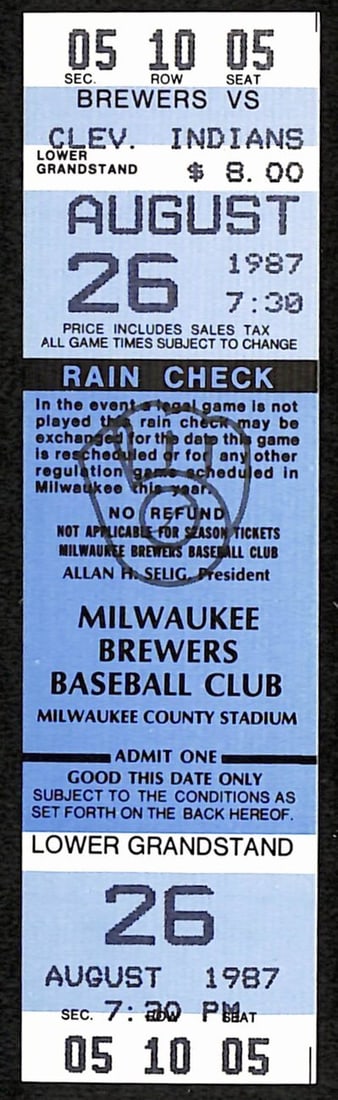 Paul Molitor Hit Streak Ends @ 39 8/ 26/ 1987 Indians v Brewers Full Ticket 187553 (1 of 1)