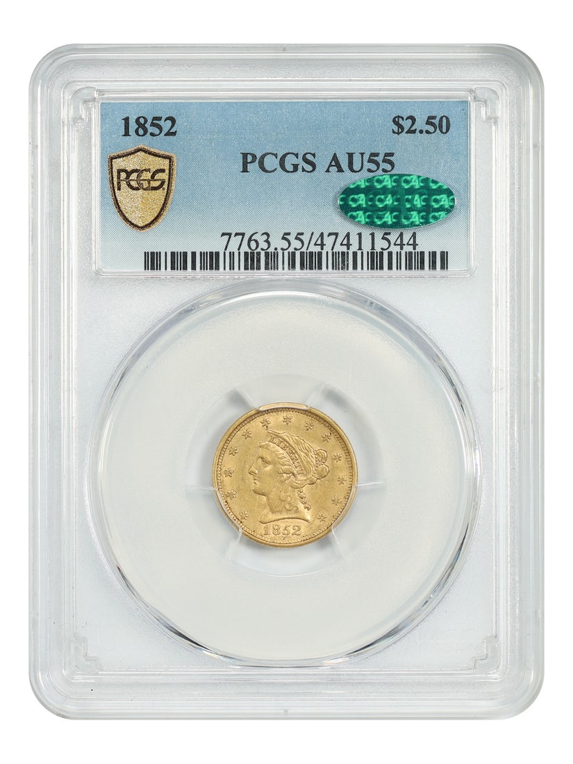 AU55 Liberty Head $2.5 PCGS/ CAC: AU55 Liberty Head $2.5 PCGS/ CAC The AU55 Liberty Head $2.5 PCGS/CAC features a circulated condition with a high grade of 55, as certified by the Professional Coin Grading Service (PCGS) and