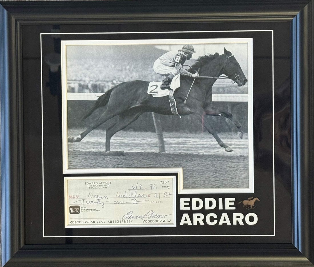 Eddie Arcaro Autographed Check Framed with unsigned Photo 8x10: Eddie Arcaro Autographed Check Framed with unsigned Photo 8x10 Eddie Arcaro's Hall of Fame jockey career is showcased in this unique item, featuring an autographed check signed by the legendary rider.