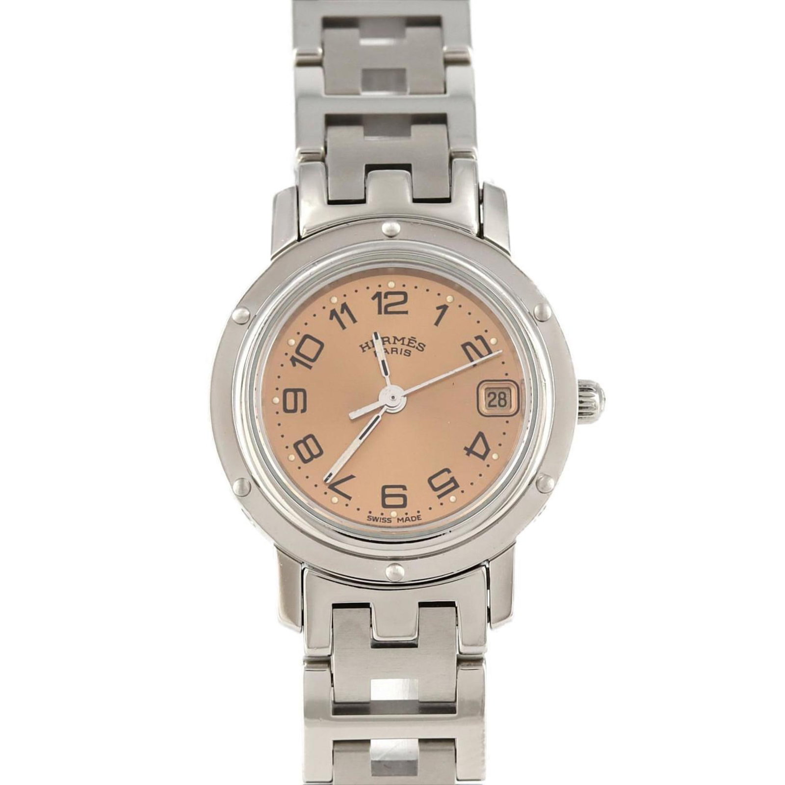 Hermes Wristwatch: Hermes Wristwatch Stainless steel case and band, the Hermes wristwatch boasts a sleek design with an elegant pink dial. Measuring 24mm in diameter, it's suitable for wrists up to 15cm in size. The wat