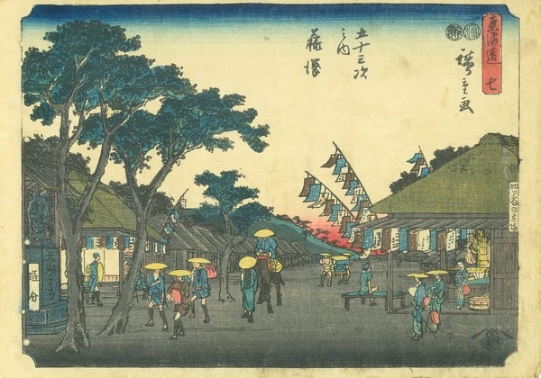 Hiroshige Ukiyo e Woodblock Print 53 Stations of Tokaido Fujisawa Tsutaya Ed: Hiroshige Ukiyo e Woodblock Print 53 Stations of Tokaido Fujisawa Tsutaya Ed Utagawa Hiroshige's woodblock print, "53 Stations of Tokaido Fujisawa Tsutaya Ed", bears the signature of the renowned Japa