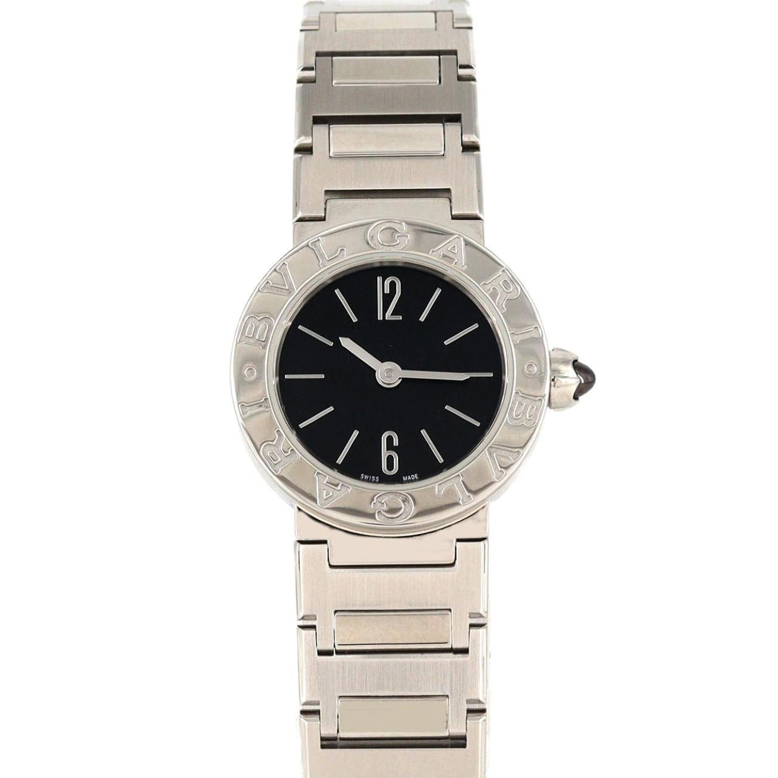Bvlgari Wristwatch: Bvlgari Wristwatch Stainless steel case and band, the Bvlgari wristwatch boasts sleek simplicity with its black dial. With a diameter of 23mm, it's designed to fit comfortably on wrists up to 16.5cm i