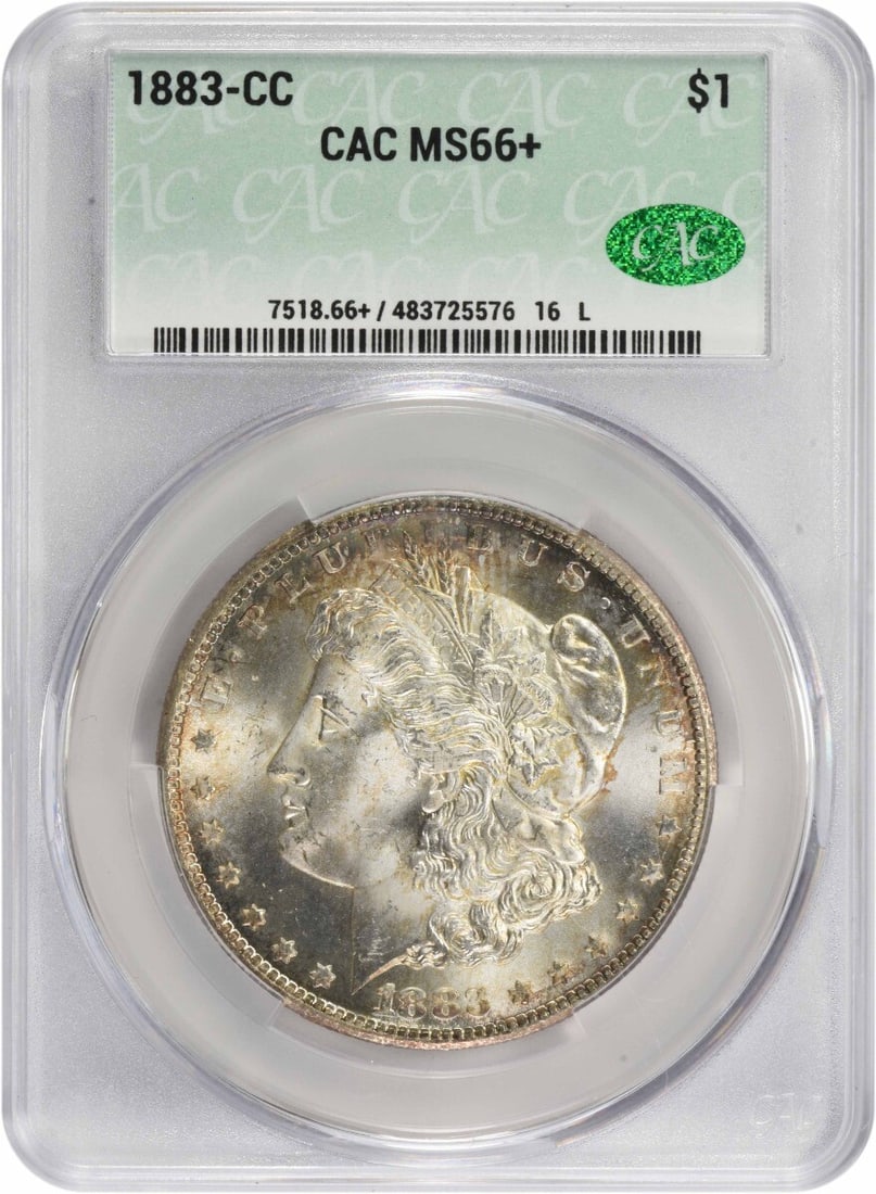 CC Morgan Silver Dollar 1883 MS66+ CACG: CC Morgan Silver Dollar 1883 MS66+ CACG The CC Morgan Silver Dollar, minted in 1883, boasts an impressive MS66+ grade from CACG, indicating exceptional condition. With its 90% silver and 10% copper co