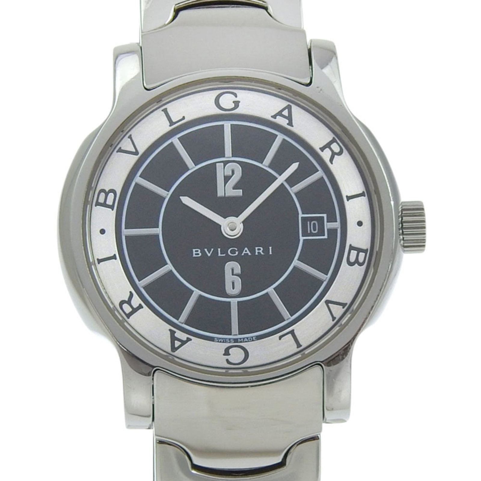 Bvlgari Wristwatch: Bvlgari Wristwatch Stainless steel case and band, featuring an elegant black dial, make this Bvlgari wristwatch a sophisticated accessory. With its slim 6.5mm thickness and 29mm diameter, it's designe