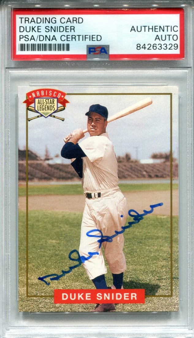 Duke Snider Autographed 1994 Nabisco All-Star Legends Card (PSA): Duke Snider Autographed 1994 Nabisco All-Star Legends Card (PSA) Signed in blue sharpie across the front of the card, Duke Snider's autograph adds authenticity to this 1994 Nabisco All-Star Legends