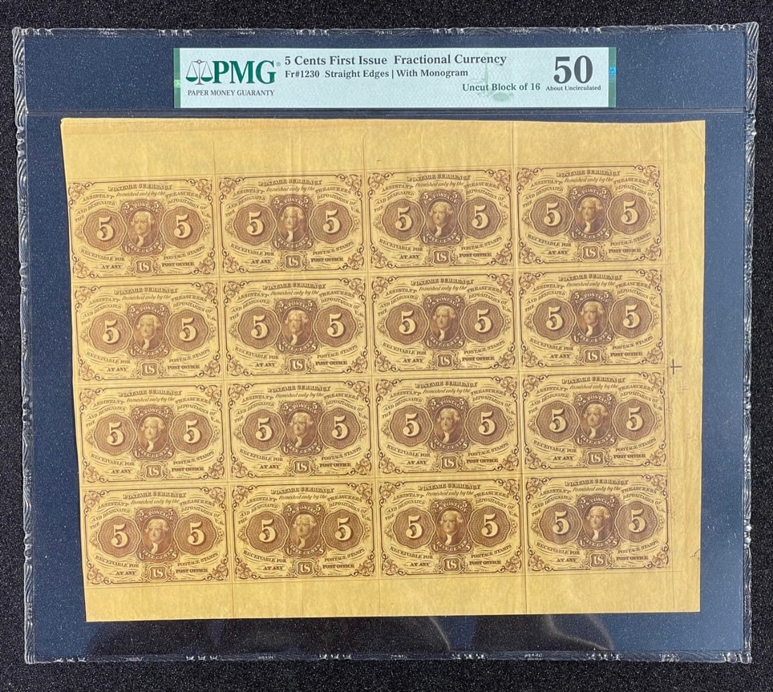Fractional currency sheet 16 notes first issue 5 cents Au50 pmg fr# 1230 (1 of 1)