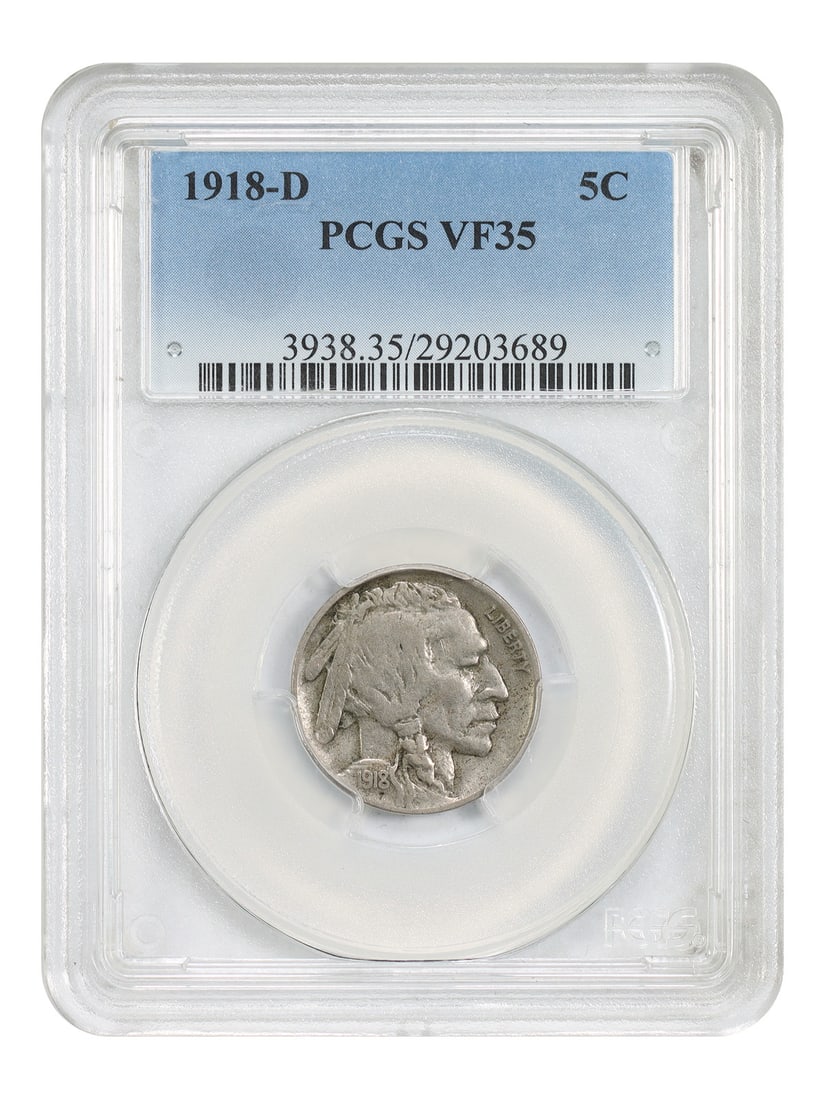1918-D 5C PCGS VF35 - Buffalo Nickel: 1918-D 5C PCGS VF35 - Buffalo Nickel The 1918-D Buffalo Nickel, graded VF35 by PCGS, showcases a circulated condition with notable wear. This coin bears the distinctive design of the Buffalo nickel se