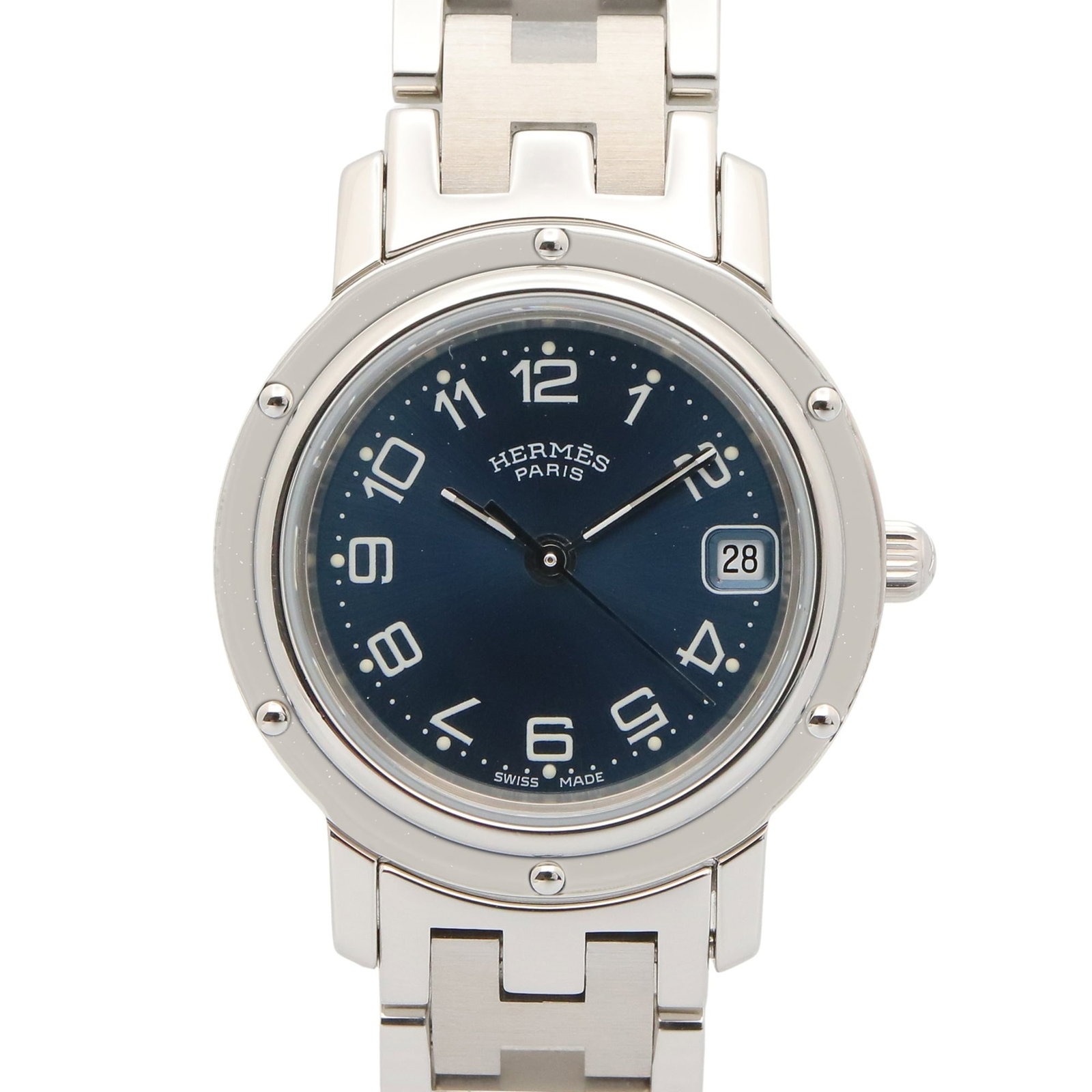 Hermes Wristwatch: Hermes Wristwatch Stainless steel case and band add a sleek touch to this blue dial Hermes wristwatch, with a diameter of 24mm. The watch has been well-cared for, showing only a few traces of usage an