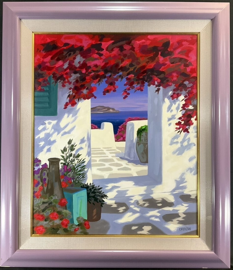 Mediterranean Coastal Oil Painting Bougainvillea Signed Carsuzan: Mediterranean Coastal Oil Painting Bougainvillea Signed Carsuzan Signed by renowned artist Jean-Claude Carsuzan, this stunning oil painting on canvas captures the beauty of Mediterranean coastal life.