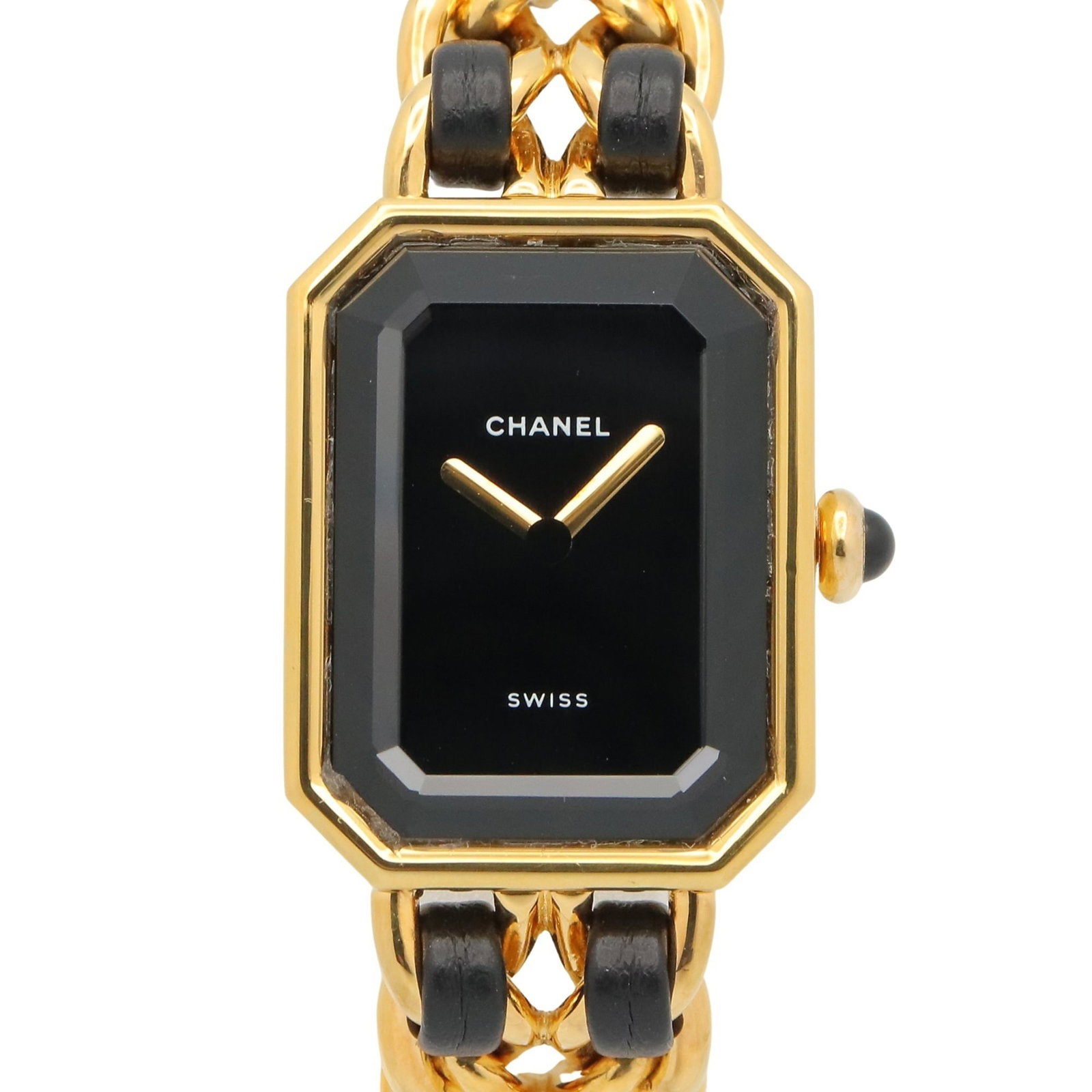Wristwatch by Chanel: Wristwatch by Chanel Gold plated leather strap and black dial complement the elegant design of this Chanel wristwatch, featuring a gold plated case with subtle traces of usage. The watch measures 20mm