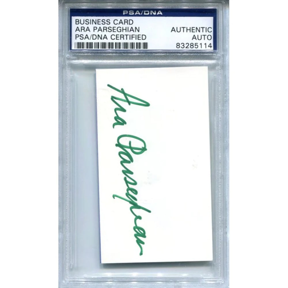 Ara Parseghian Autographed Business Card: Ara Parseghian Autographed Business Card Signed in green by Ara Parseghian, this PSA/DNA Authenticated and Slabbed business card showcases the artist's unique mark. The item bears a signature from