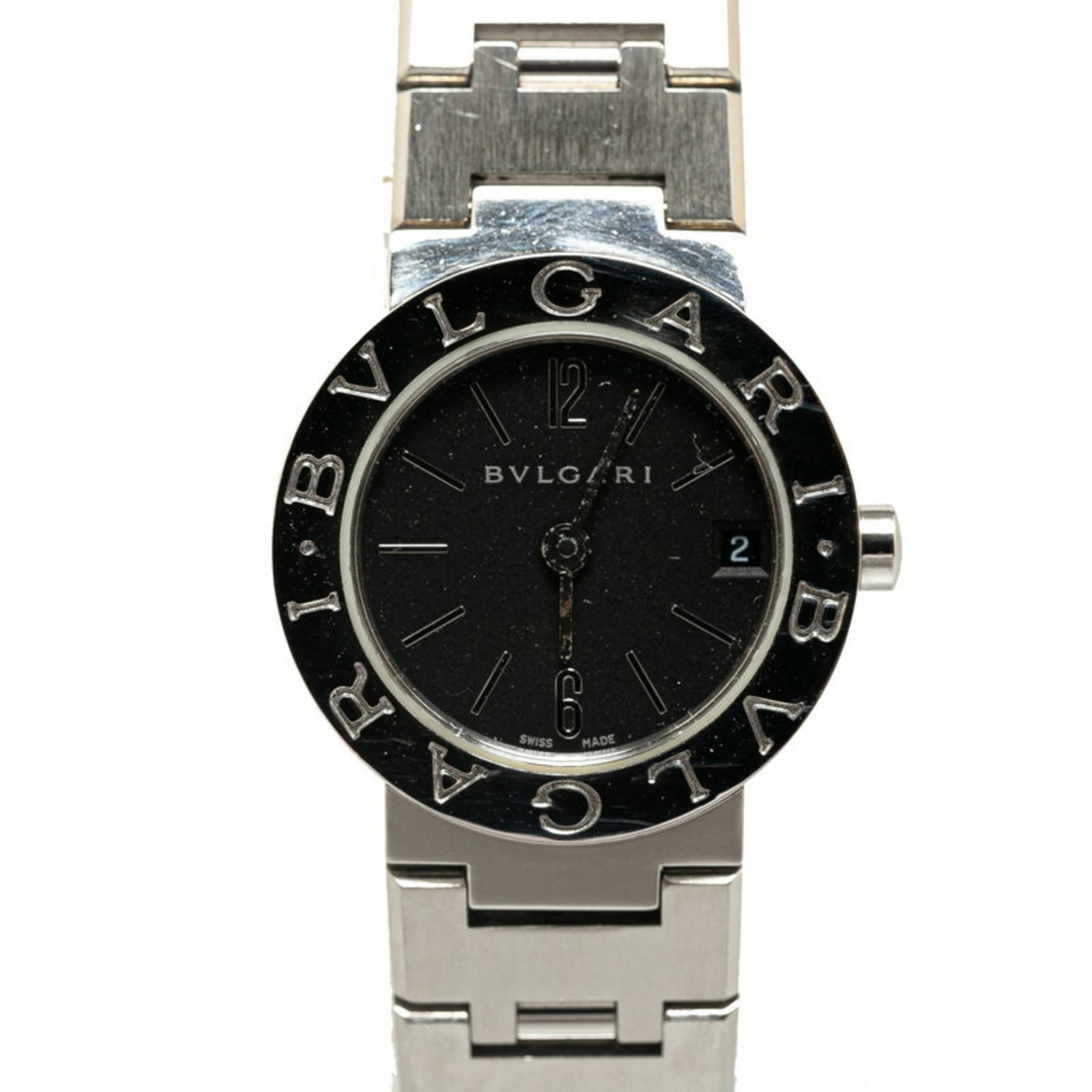 Bvlgari Wristwatch: Bvlgari Wristwatch Stainless steel case and band add a sleek touch to this Bvlgari wristwatch, featuring an analog display in black. The watch measures 22.8mm in diameter and fits wrists up to 15cm