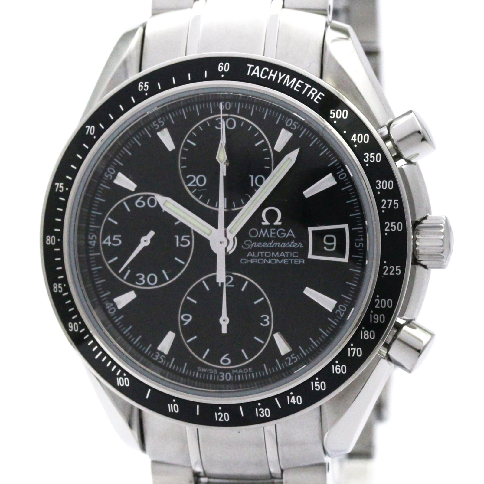 Omega Wristwatch: Omega Wristwatch Stainless steel case and band provide durability, while the black dial stands out against the background. This Omega wristwatch features a sporty design with a 39mm diameter case,