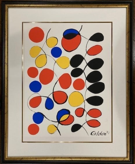 Calder Alexander high grade gold leaf art framed collectible: Calder Alexander high grade gold leaf art framed collectible Calder Alexander's high-grade gold leaf art, created in 1971 through the lithography technique, is a stunning example of abstract art. This