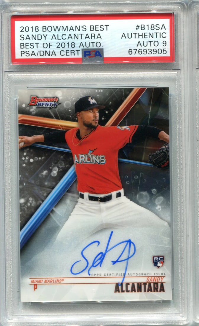 Sandy Alcantara 2018 Bowman`s Best #B18SA (PSA) AUTH/ AUTO 9 Card: Sandy Alcantara 2018 Bowman`s Best #B18SA (PSA) AUTH/ AUTO 9 Card Sandy Alcantara's 2018 Bowman's Best #B18SA card boasts an impressive PSA 9 authentication, verifying its exceptional condition. This 
