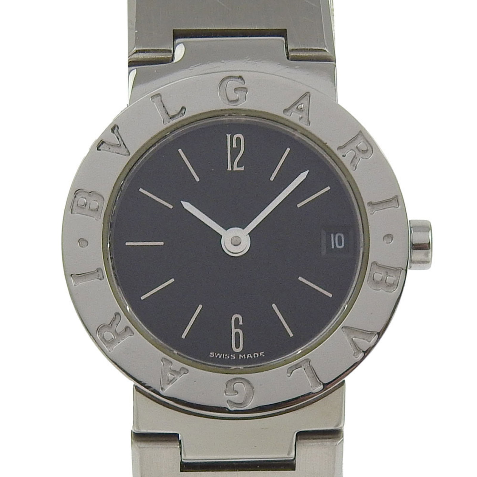 Bvlgari Wristwatch: Bvlgari Wristwatch Stainless steel case and band add a sleek touch to this Bvlgari wristwatch, featuring an analog display in a classic black finish. The watch measures 29mm in diameter and has a comf