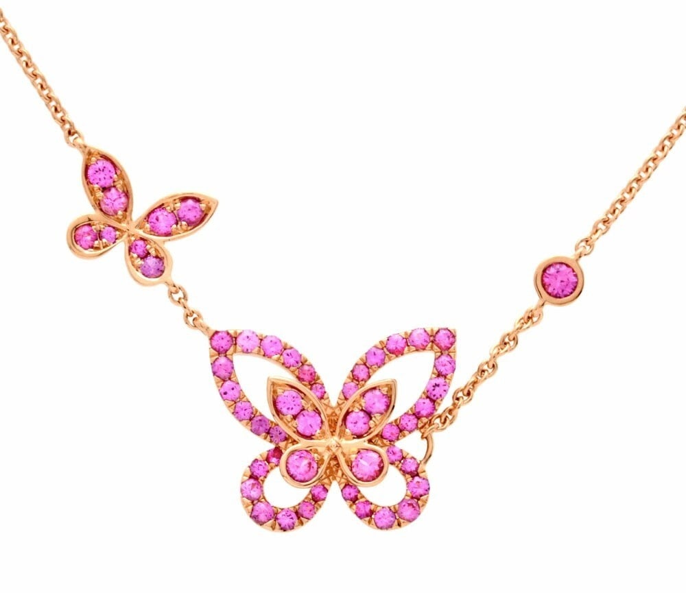 GRAFF Double Butterfly Pink Sapphire 18k Rose Gold Necklace Pendant with Case: GRAFF Double Butterfly Pink Sapphire 18k Rose Gold Necklace Pendant with Case 18k Rose Gold Necklace Pendant with Lobster Clasp, featuring a Round Pink Sapphire Butterfly Closure. This elegant necklac