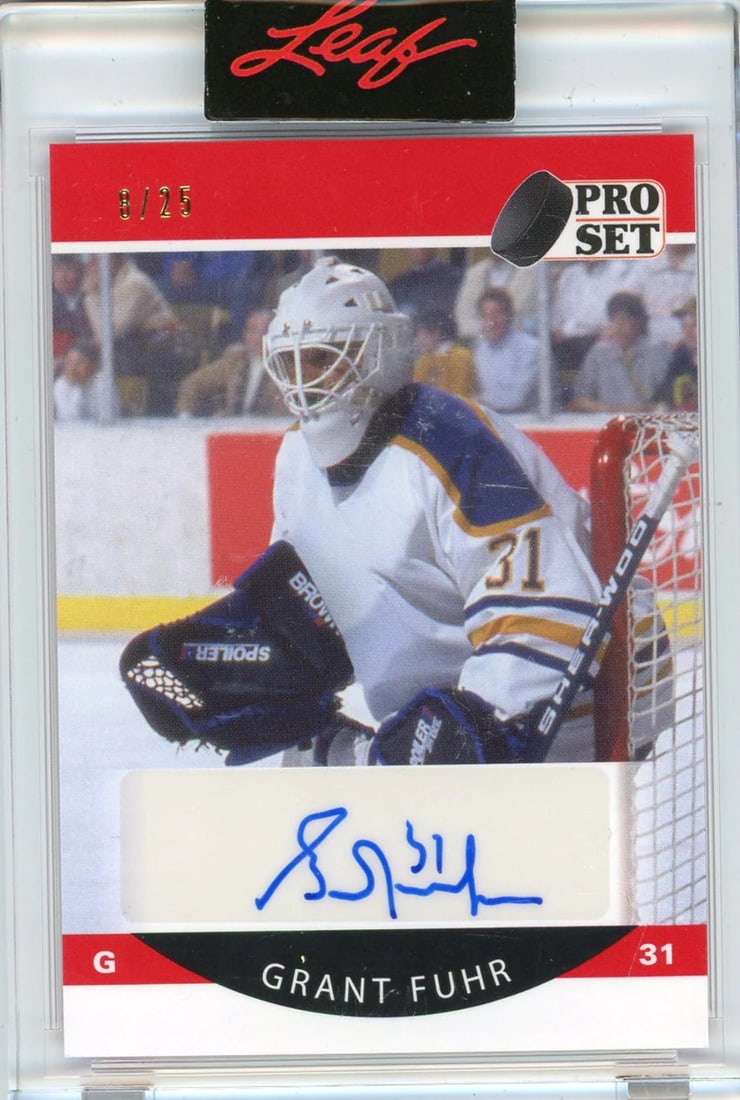 Grant Fuhr Autographed 2021 Leaf Pro Set Encased Card #A90-GF1: Grant Fuhr Autographed 2021 Leaf Pro Set Encased Card #A90-GF1 Factory signed in blue sharpie across the front of the card by Grant Fuhr, numbered 8 out of 25. This unique autographed card is part of