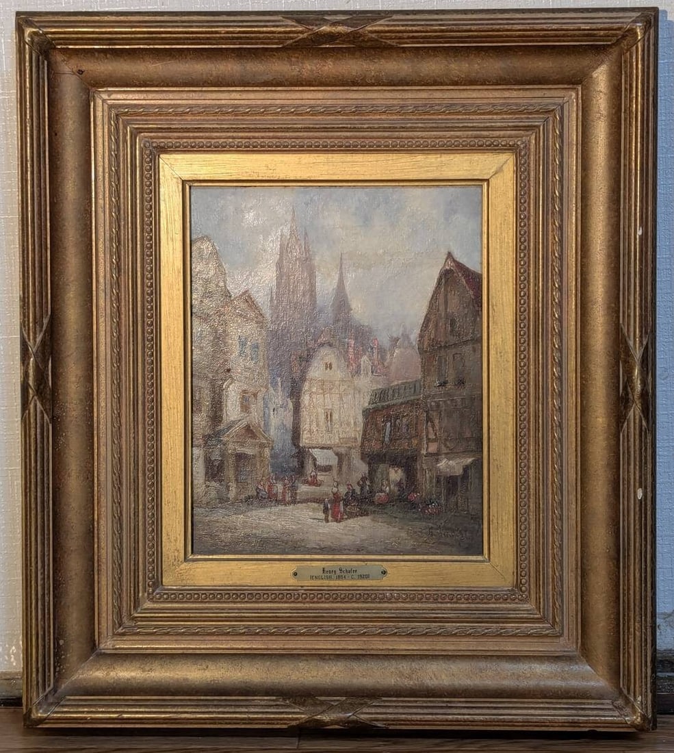 Henry Schafer (18331916) Original Oil Painting Old European Town Scene Gothic (1 of 7)