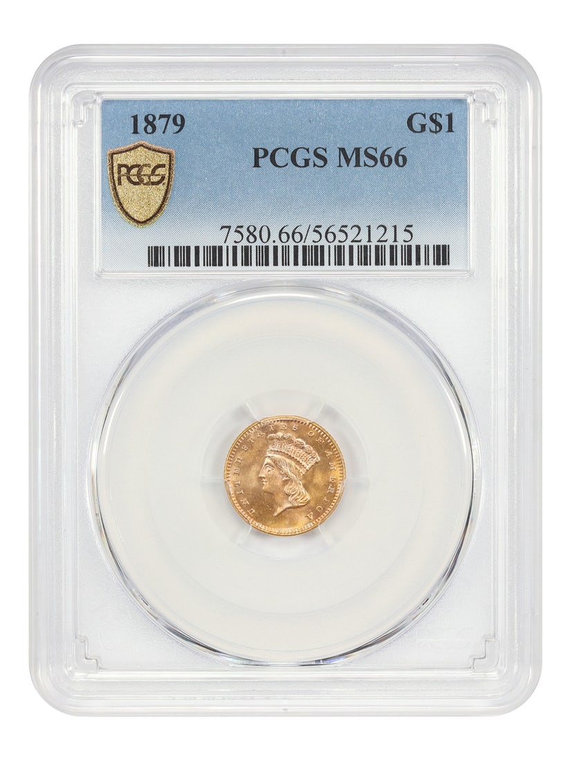 1879 G$1 PCGS MS66 - Gold Dollar: 1879 G$1 PCGS MS66 - Gold Dollar The 1879 G$1 PCGS MS66 Gold Dollar boasts a stunning grade of 66, indicating exceptional condition and preservation. Certified by the prestigious Professional Coin Gra