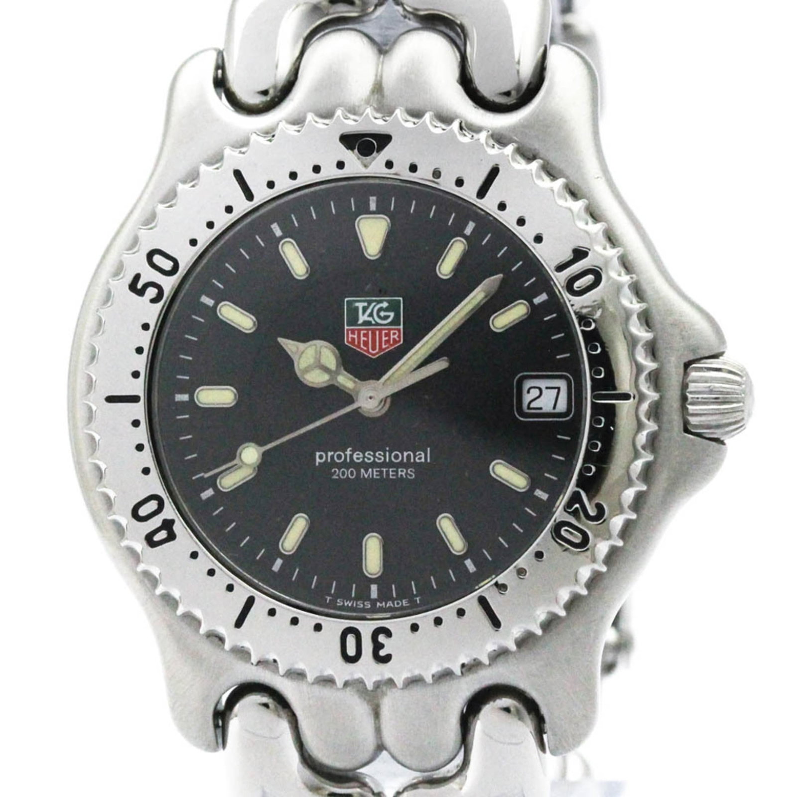 Wristwatch by Tag Heuer: Wristwatch by Tag Heuer Stainless steel case and band, the Tag Heuer wristwatch boasts a sleek black dial. Measuring 38mm in diameter, this dress/formal timepiece features a classic design that exudes