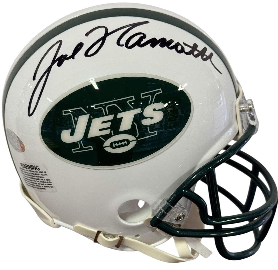 Joe Namath Autographed New York Jets Mini Helmet (Steiner): Joe Namath Autographed New York Jets Mini Helmet (Steiner) Signed in black sharpie across the side of a mini helmet, Joe Namath's signature adds a touch of nostalgia to this officially licensed New Yo
