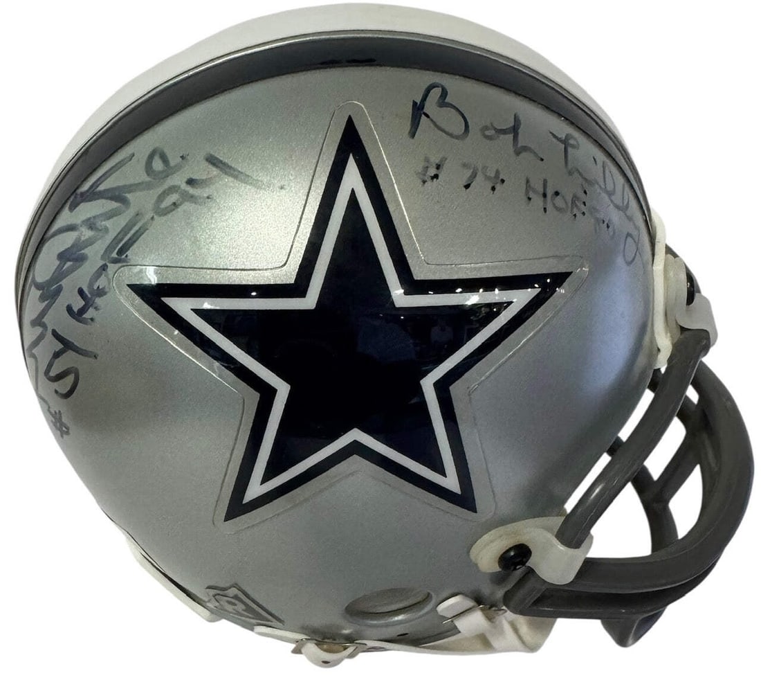 Cowboys White Autographed Mini Helmet Lilly Bob: Cowboys White Autographed Mini Helmet Lilly Bob Randy White and Bob Lilly have signed this Cowboys mini helmet in blue sharpie across the side, making it a unique collectible for fans of these legenda