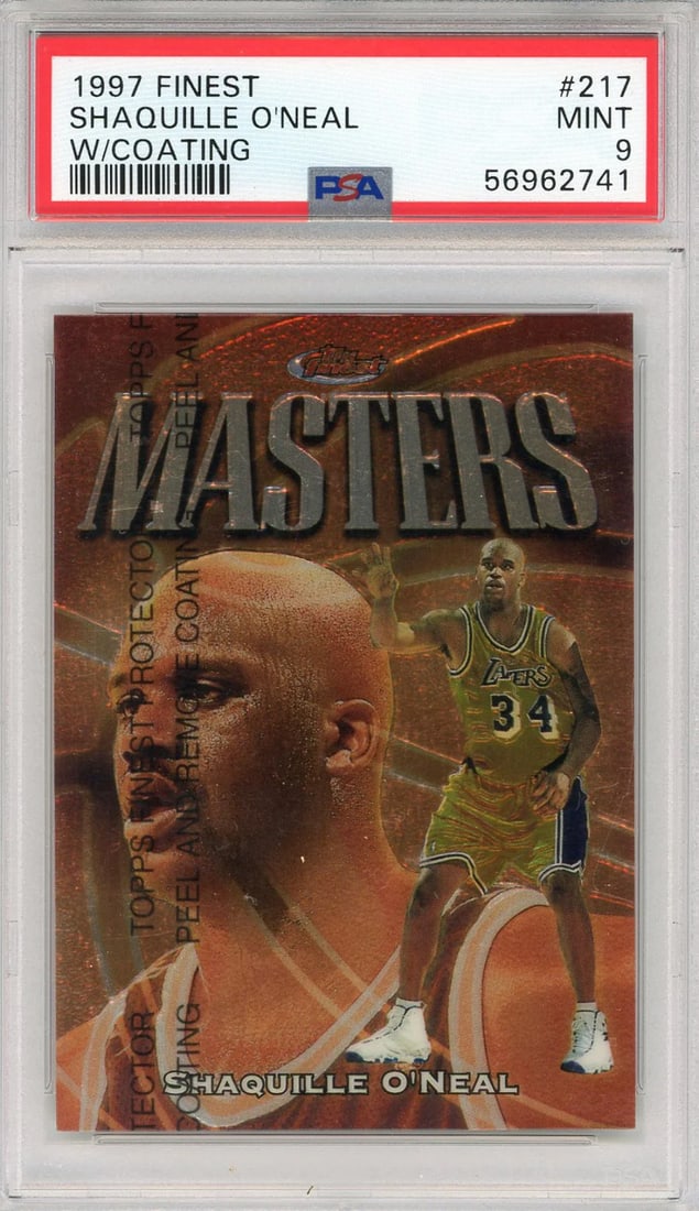 Shaquille O'Neal 1997 Topps Finest W/ Coating Card #217 (PSA): Shaquille O'Neal 1997 Topps Finest W/ Coating Card #217 (PSA) Mint 9 graded and slabbed by PSA, this 1997 Topps Finest card features Shaquille O'Neal in Card #217. The card boasts a unique coating, ad