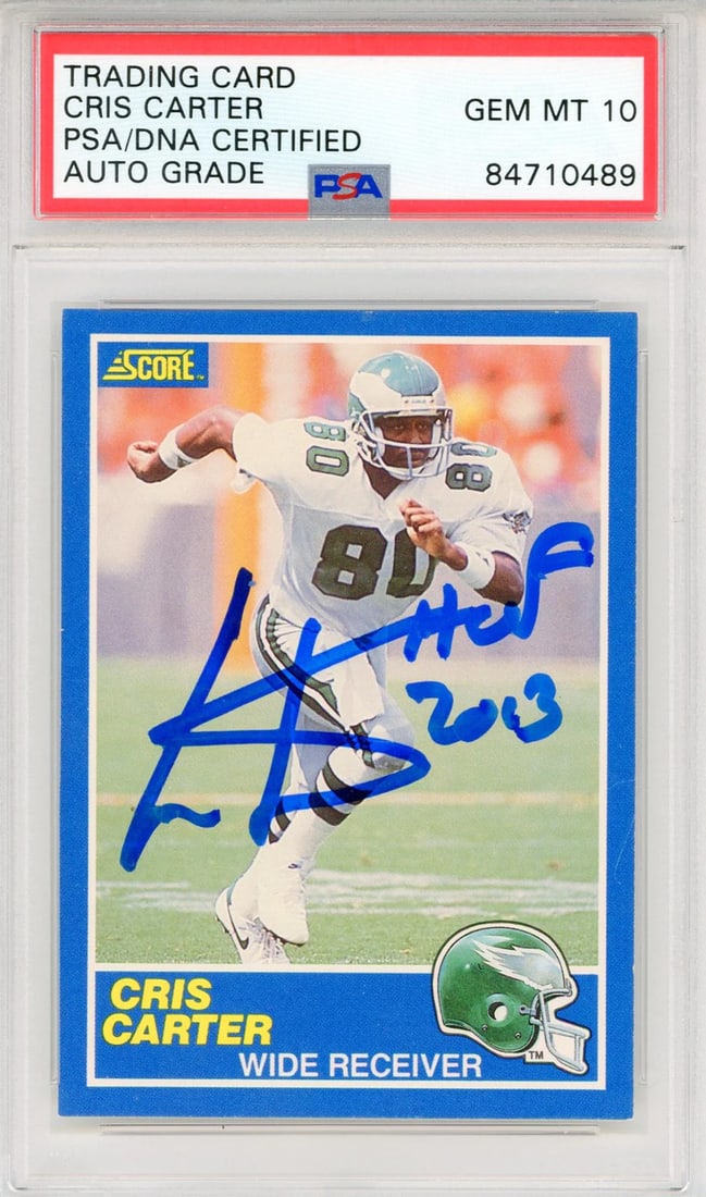 Cris Carter "HOF 2013" Autographed 1989 Score Card #72 (PSA Auto GEM MT 10): Cris Carter "HOF 2013" Autographed 1989 Score Card #72 (PSA Auto GEM MT 10) PSA/DNA Cris Carter "HOF 2013" Autographed 1989 Score Card #72, featuring a sharpie inscription across the front. This card 