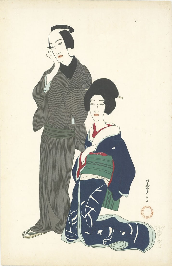 Yumeji Takehisa Woodblock Print Umegawa Chubei Yanagiya Edition Japan Art: Yumeji Takehisa Woodblock Print Umegawa Chubei Yanagiya Edition Japan Art Takehisa Yumeji's woodblock print, Umegawa Chubei Yanagiya, showcases the artist's unique style and attention to detail. Creat