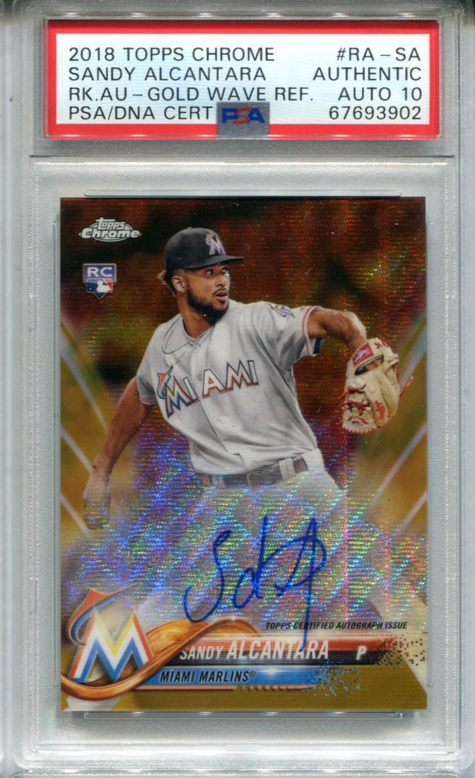 Sandy Alcantara 2018 Topps Chrome Gold Wave Refractor (PSA) AUTH AUTO 10 43/ 50: Sandy Alcantara 2018 Topps Chrome Gold Wave Refractor (PSA) AUTH AUTO 10 43/ 50 Sandy Alcantara's 2018 Topps Chrome Gold Wave Refractor features his autograph in bold, shiny relief. This highly collec
