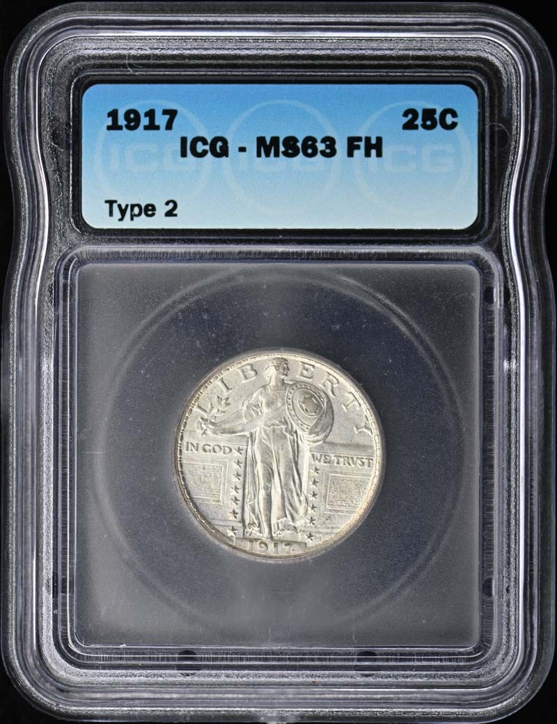 1917 Standing Liberty Quarter 25C ANACS MS63 FH: 1917 Standing Liberty Quarter 25C ANACS MS63 FH The 1917 Standing Liberty Quarter 25C, graded MS63 by ANACS, boasts an impressive level of detail and craftsmanship. This uncirculated coin features the