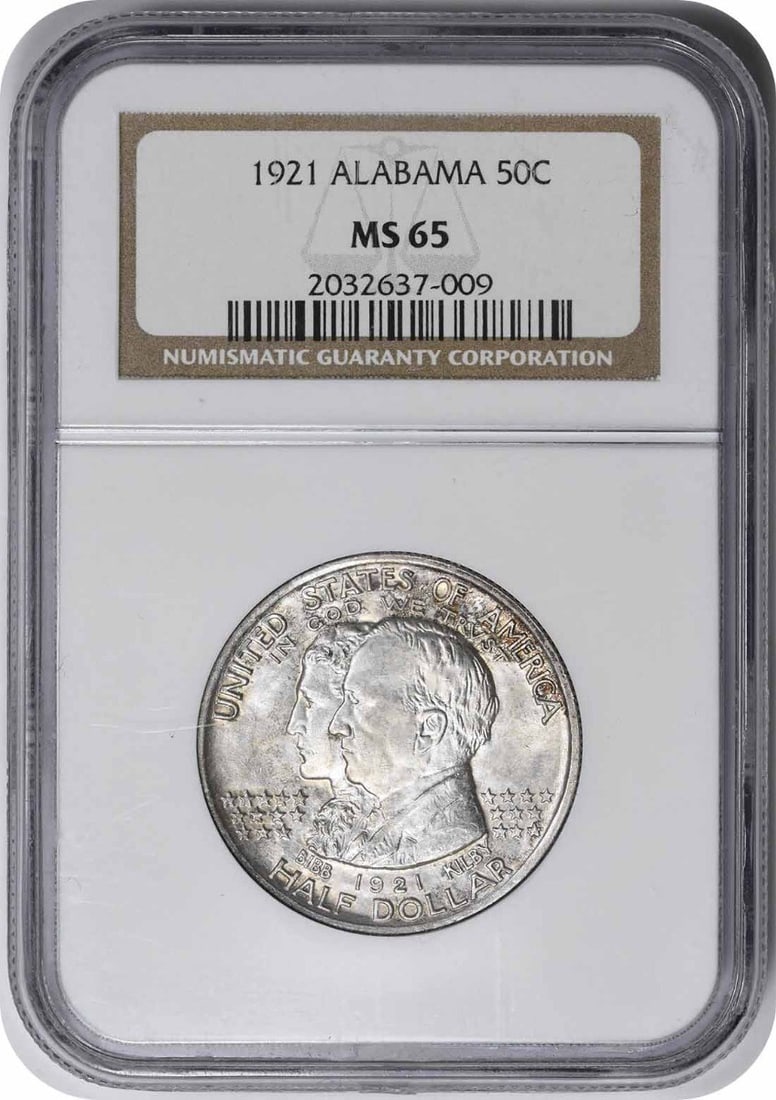 Alabama Commemorative Silver Half Dollar 1921 MS65 NGC: Alabama Commemorative Silver Half Dollar 1921 MS65 NGC The Alabama Commemorative Silver Half Dollar 1921 MS65 NGC boasts a striking design by Laura Gardin Fraser, featuring a majestic eagle and other