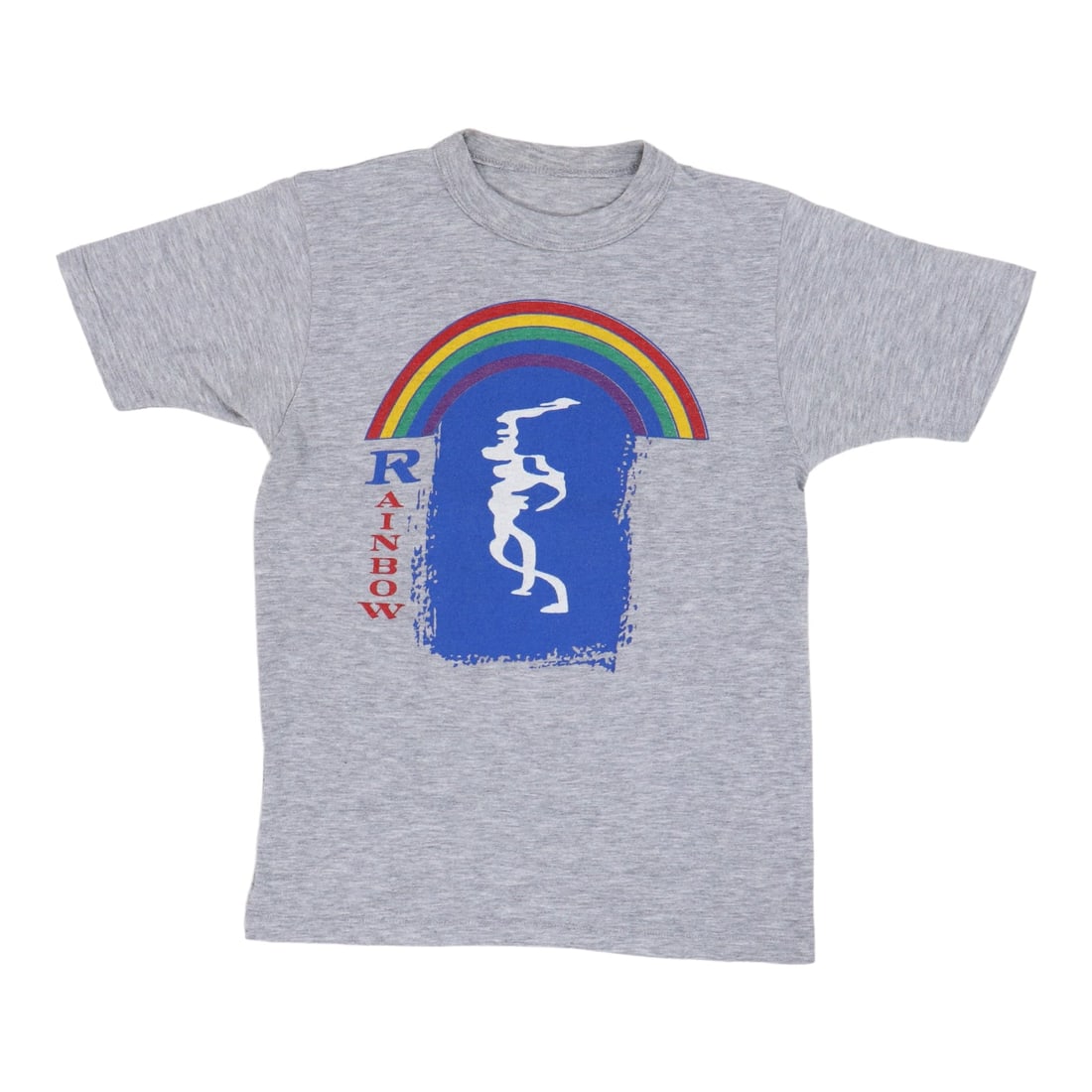 1983 Rainbow Bent Out Of Shape Tour Shirt: 1983 Rainbow Bent Out Of Shape Tour Shirt Gray 1983 Rainbow Bent Out Of Shape Tour Shirt with front and back graphics, measuring 23" collar to hem and 16.5" pit to pit. This vintage shirt features a
