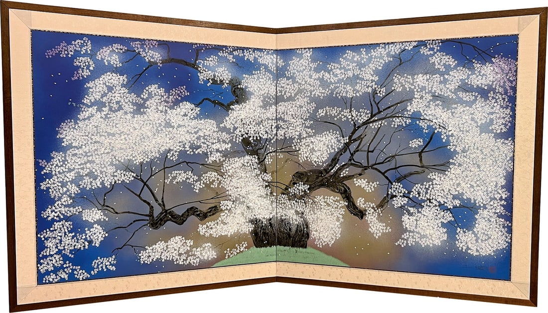 Cherry blossom trees signed Nakajima Chinami woodblock print at Daigo 1996: Cherry blossom trees signed Nakajima Chinami woodblock print at Daigo 1996 Signed by renowned artist Nakajima Chinami, this stunning woodblock print captures the beauty of cherry blossoms in Daigo, Ja