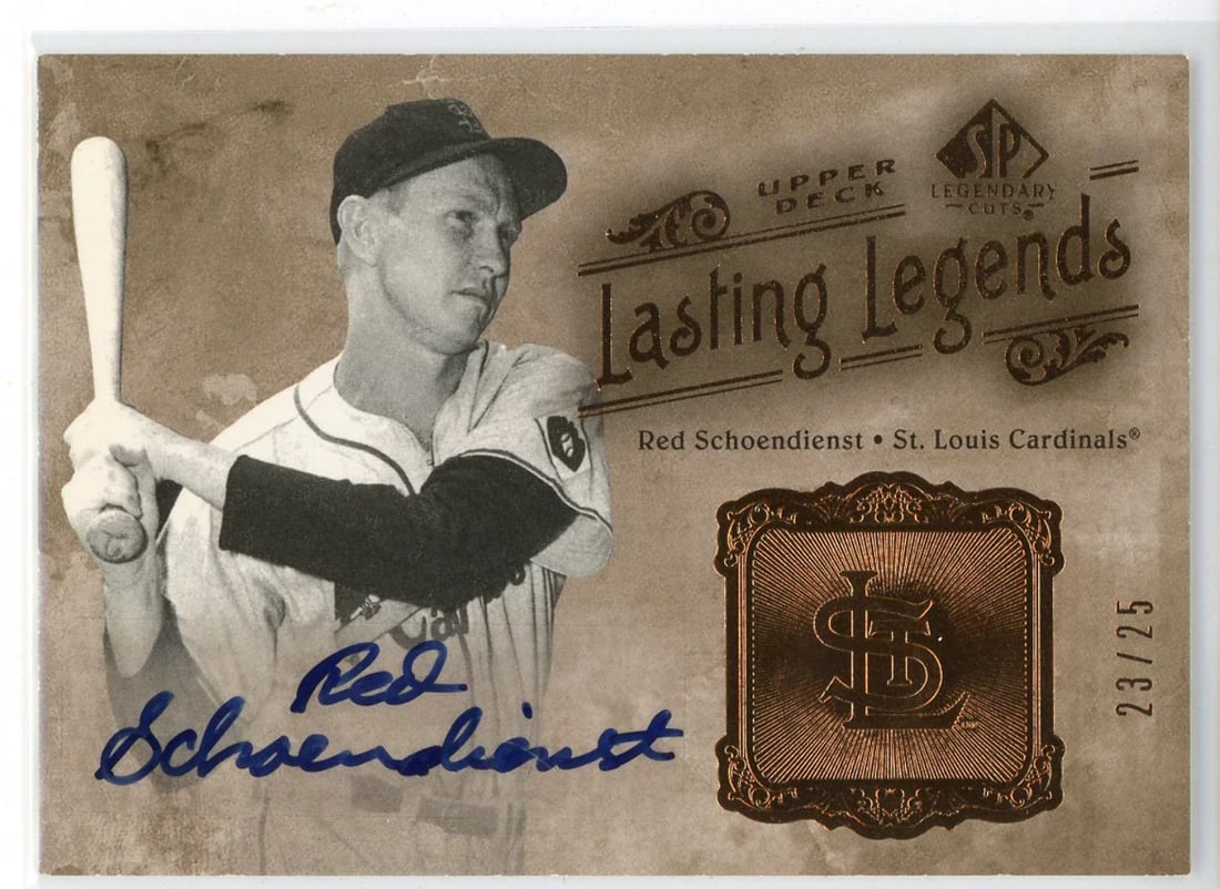 Red Schoendienst Autographed 2005 Upper Deck SP Lasting Legends Card #LL-RS: Red Schoendienst Autographed 2005 Upper Deck SP Lasting Legends Card #LL-RS Factory signed in blue sharpie across the front of the card, Red Schoendienst's autograph is a unique touch on this 2005 Upp