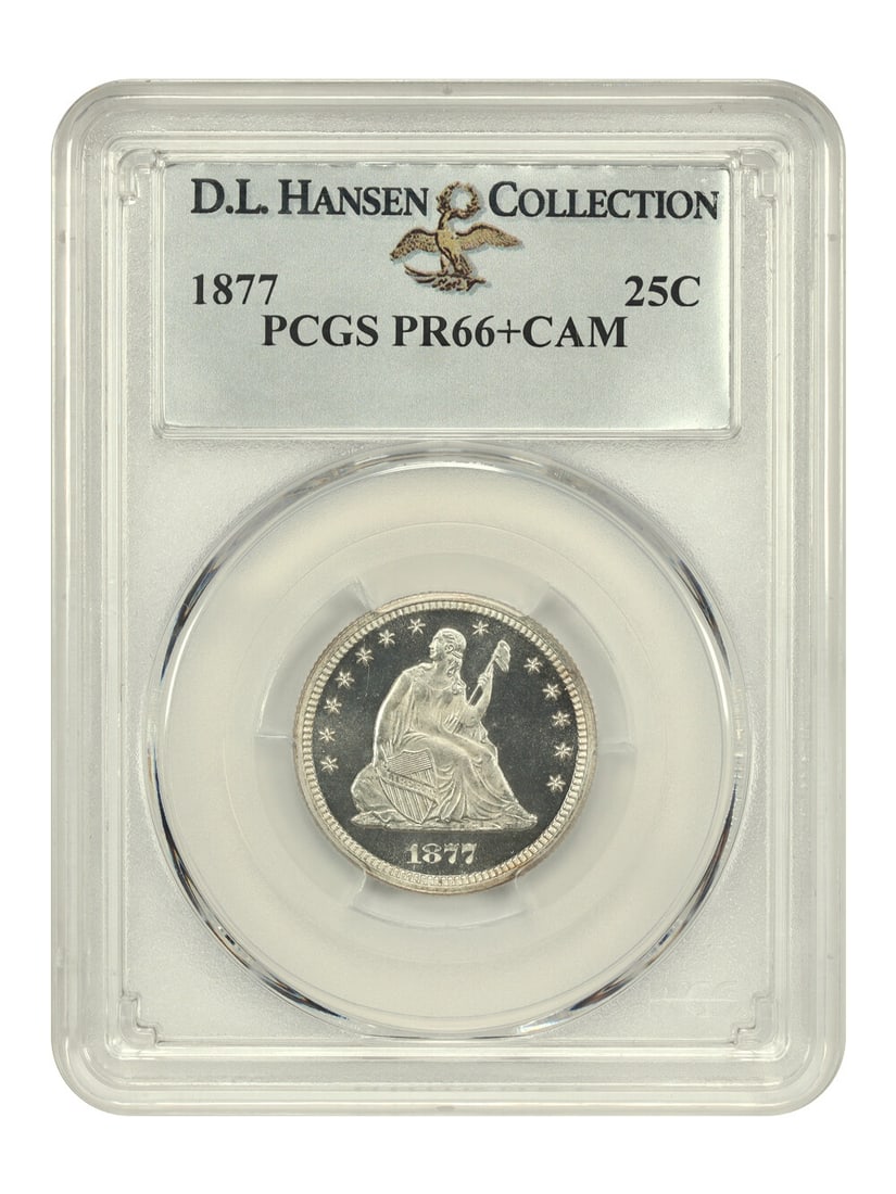 1877 25C PCGS PR66+CAM ex: D.L. Hansen: 1877 25C PCGS PR66+CAM ex: D.L. Hansen The 1877 Twenty-Cent Quarter, graded PR66+ by PCGS, boasts exceptional condition with a CAM strike type. Certified as uncirculated and bearing the hallmark of th