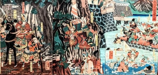 Woodblock print Triptych by Utagawa Yoshikazu Oshu Takadachi Yoshitsune Edo 1855 (1 of 4)