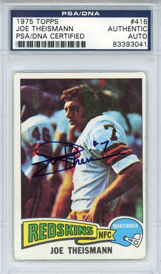 Joe Theismann Autographed 1975 Topps Card #416 (PSA): Joe Theismann Autographed 1975 Topps Card #416 (PSA) Item Specifics: Brand: Professional Sports Authenticator (PSA) Herschel Walker Autographed 1987 Topps Card #264 Card is signed in black sharpie acr