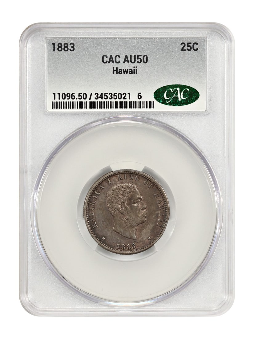 Hawaii Popular Quarter AU50 CACG 1883 25C: Hawaii Popular Quarter AU50 CACG 1883 25C The 1883 Hawaii Quarter AU50 CACG features a striking design, bearing the signature of its creator. This circulated coin showcases the Philadelphia mint's