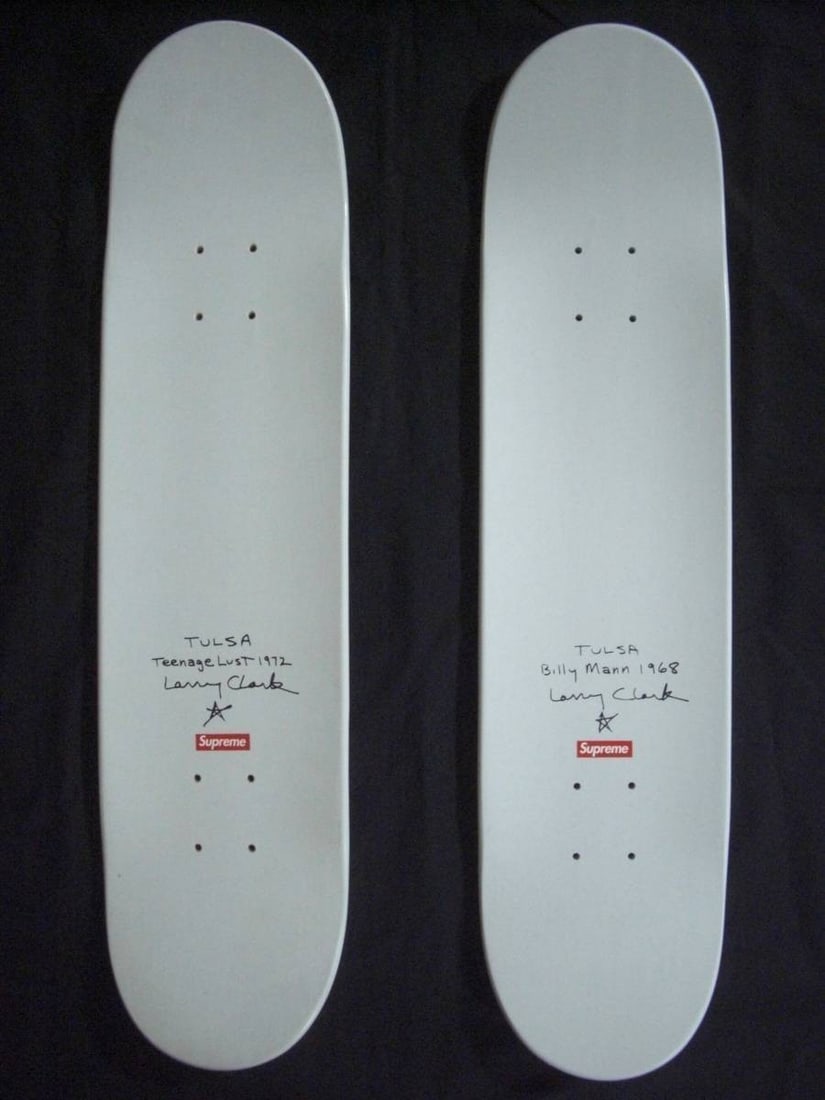 2005 SUPREME x LARRY CLARK TULSA SKATEBOARD DECK (Set of 2): 2005 SUPREME x LARRY CLARK TULSA SKATEBOARD DECK (Set of 2) Set of two skateboard decks from the iconic collaboration between Supreme and Larry Clark, featuring the artist's signature style. The decks