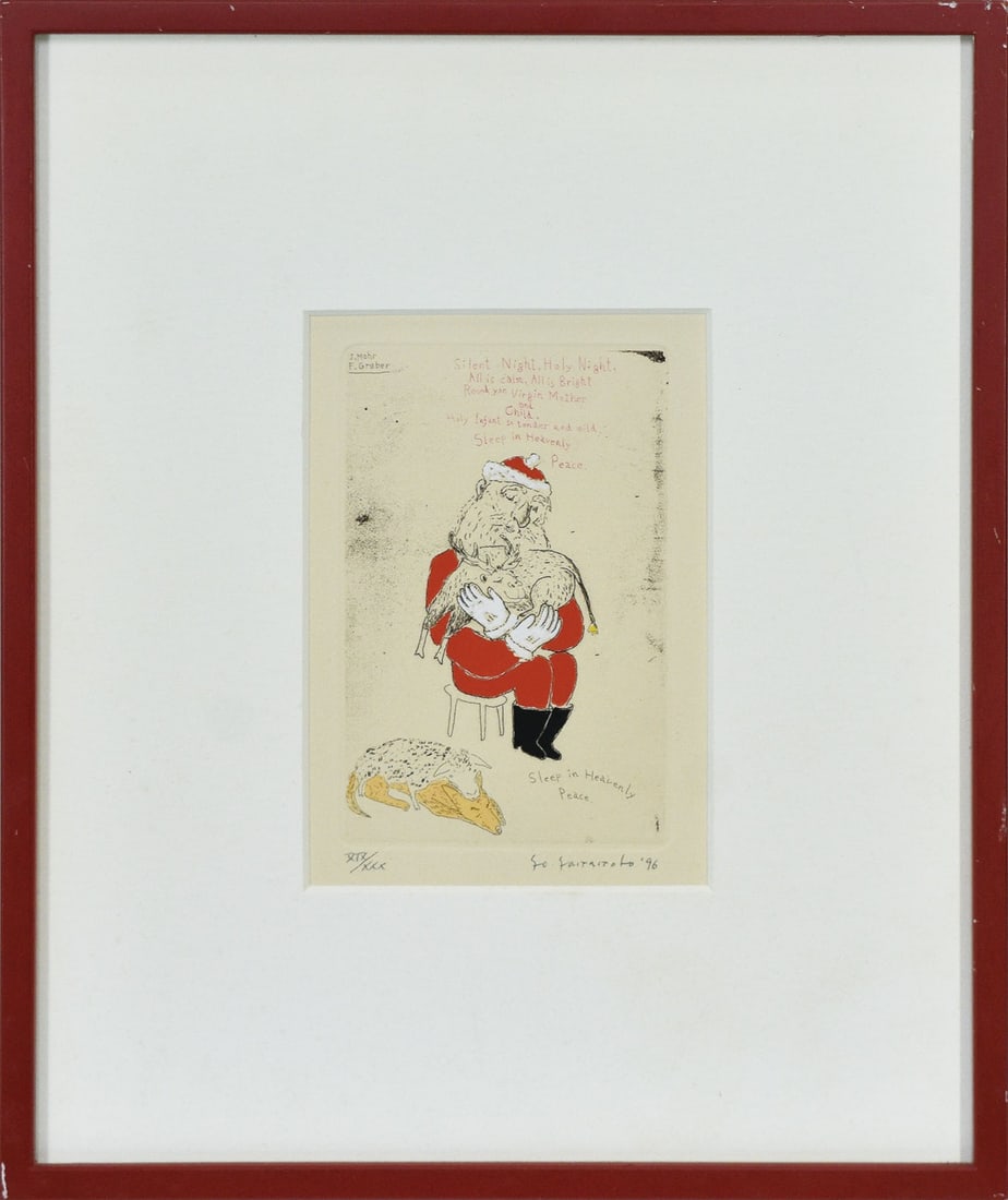 Yoko Yamamoto Merry Christmas 1996 Signed Hand Colored Print Ed 30 Framed: Yoko Yamamoto Merry Christmas 1996 Signed Hand Colored Print Ed 30 Framed Yoko Yamamoto's vibrant hand-colored print, Merry Christmas, bears the artist's signature in a beautiful display of Japanese a