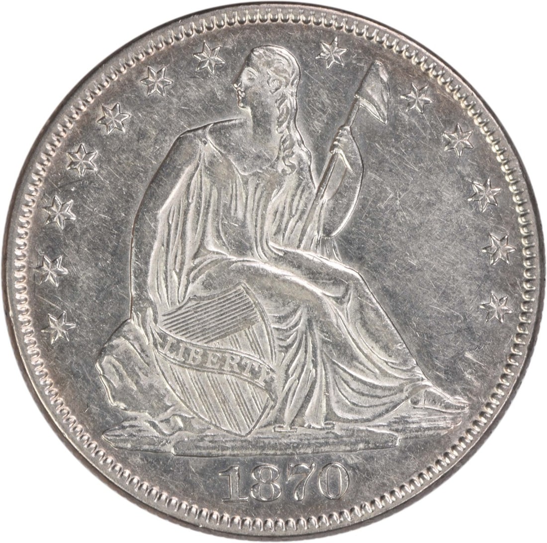 Uncertified Liberty Seated Silver Half Dollar Slider AU 1870 (1 of 2)