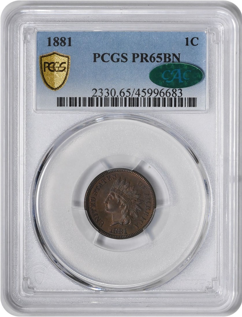 PR65BN CAC Indian Cent 1881: PR65BN CAC Indian Cent 1881 The PR65BN CAC Indian Cent 1881 features a striking proof finish, with notable details including its Uncirculated grade and Proof Strike Type. This coin bears the signature