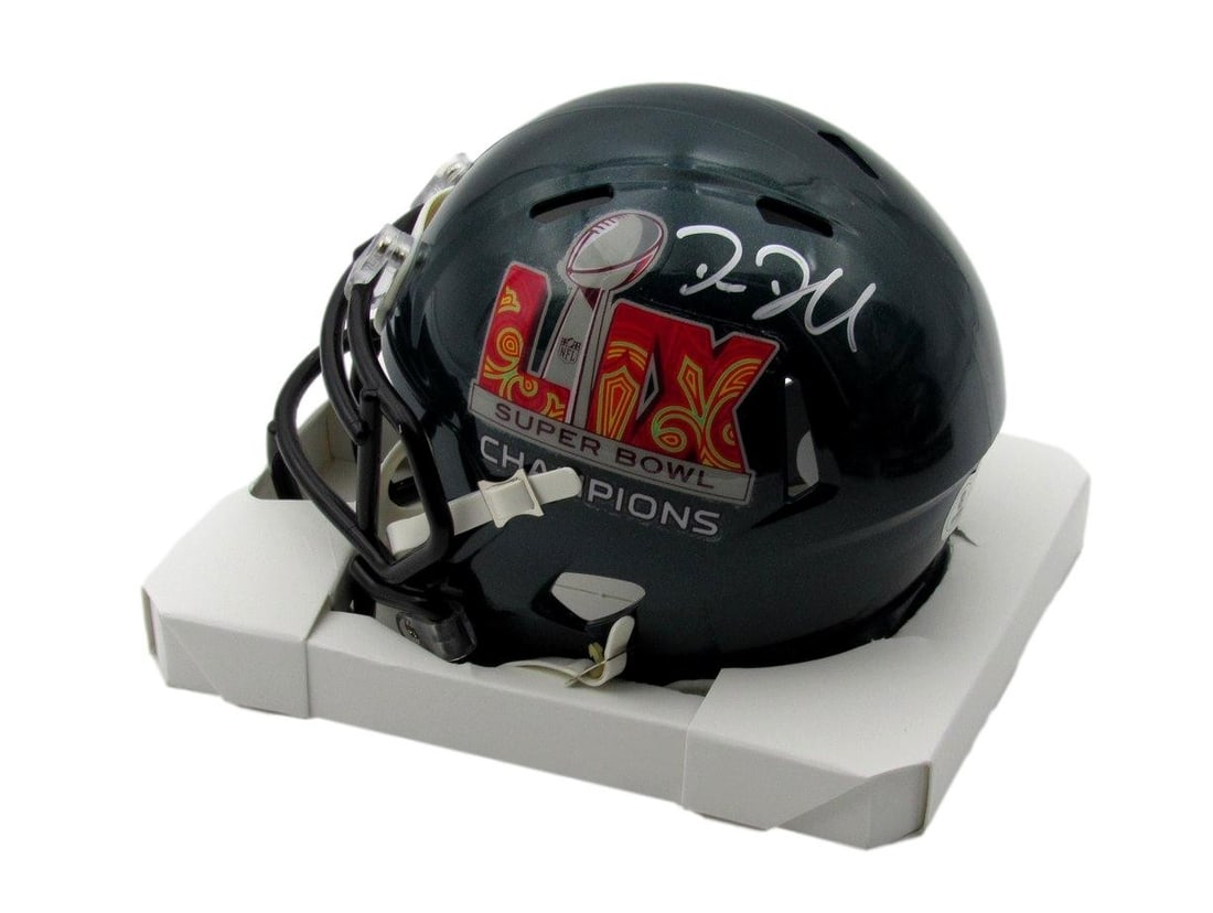 Big Dom Disandro Signed Super Bowl LIX Champions Mini Helmet Eagles BAS 192756: Big Dom Disandro Signed Super Bowl LIX Champions Mini Helmet Eagles BAS 192756 Signed by Big Dom Disandro, the Eagles' Super Bowl LIX Champions mini helmet is a unique collectible featuring an